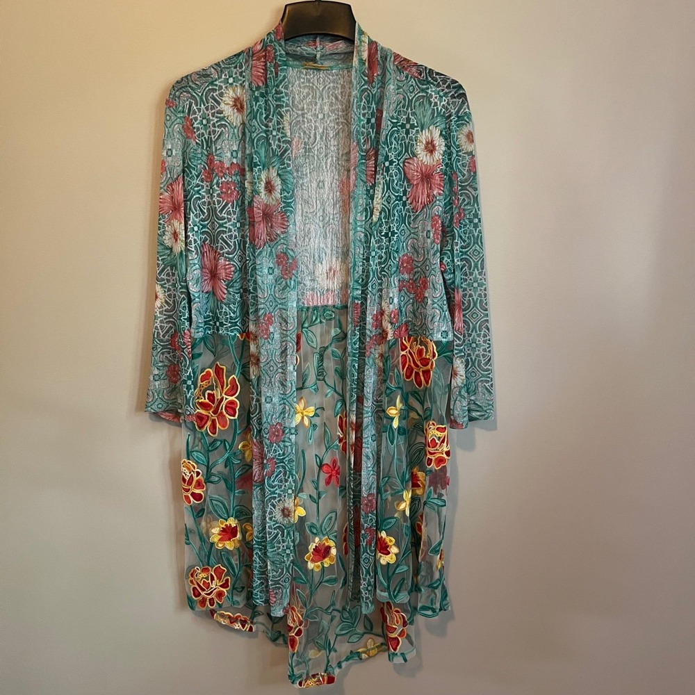 Boho Floral Embroidered Mesh Duster Kimono Teal Pink Mixed Media Open Front XL